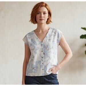 Cynthia Rowley Blue White Floral 100% Linen Button Up Boxy Blouse SS L Beach EUC